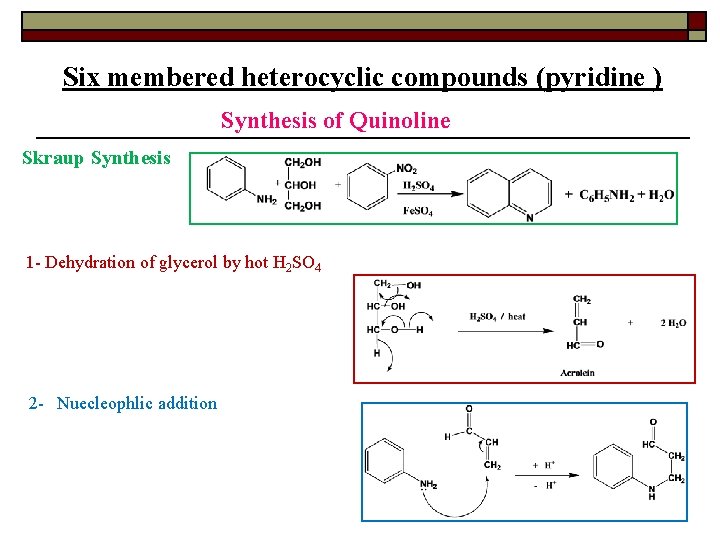 Six membered heterocyclic compounds (pyridine ) Synthesis of Quinoline Skraup Synthesis 1 - Dehydration