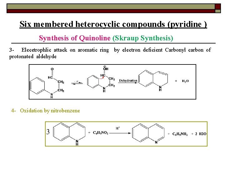 Six membered heterocyclic compounds (pyridine ) Synthesis of Quinoline (Skraup Synthesis) 3 - Elecetrophlic