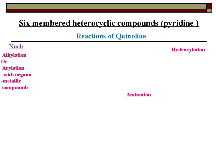 Six membered heterocyclic compounds (pyridine ) Reactions of Quinoline Nucleophilic Substitution Hydroxylation Alkylation Or