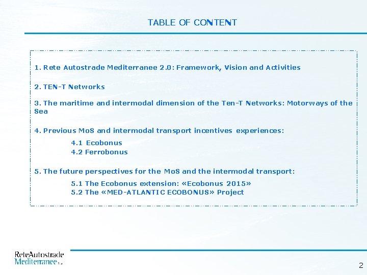 TABLE OF CONTENT 1. Rete Autostrade Mediterranee 2. 0: Framework, Vision and Activities 2.