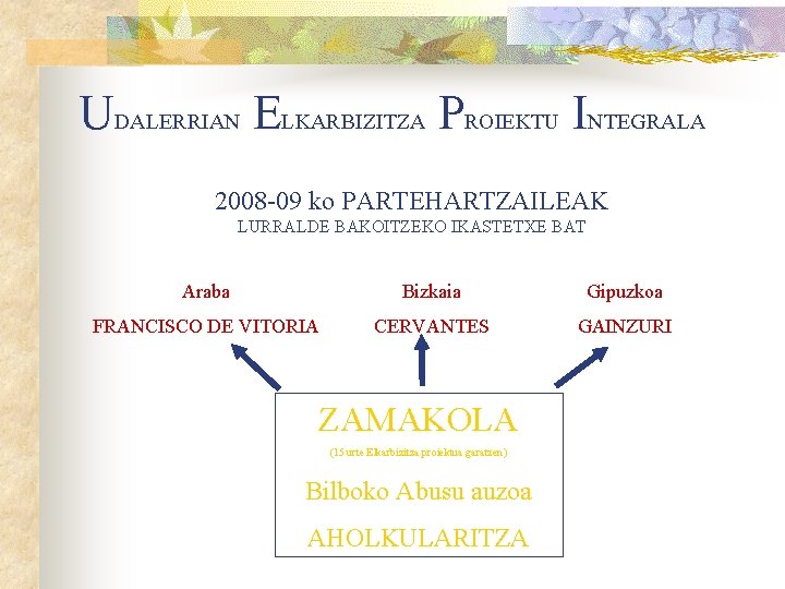 UDALERRIAN ELKARBIZITZA PROIEKTU INTEGRALA 2008 -09 ko PARTEHARTZAILEAK LURRALDE BAKOITZEKO IKASTETXE BAT Araba Bizkaia