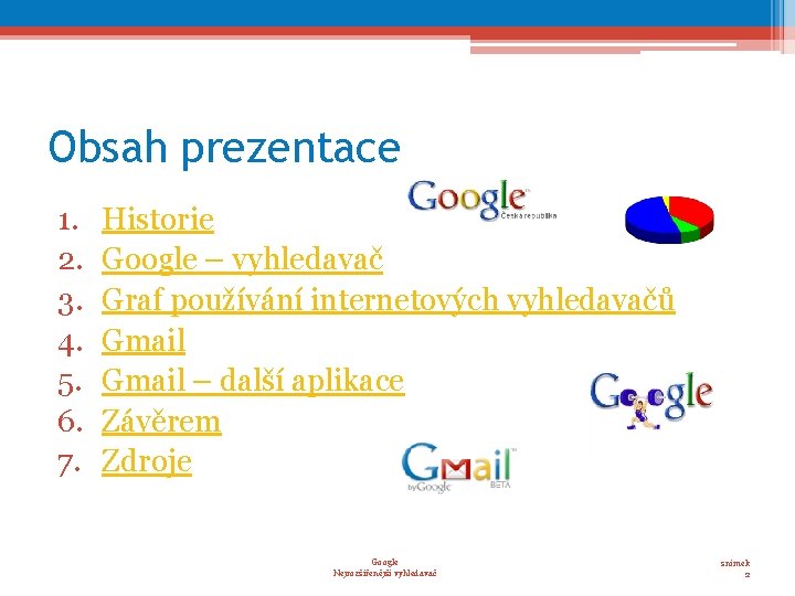 Obsah prezentace 1. 2. 3. 4. 5. 6. 7. Historie Google – vyhledavač Graf