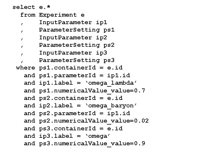 select from , , , where and and and e. * Experiment e Input.