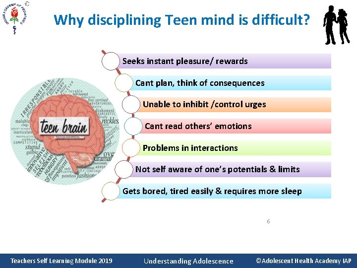 Why disciplining Teen mind is difficult? Seeks instant pleasure/ rewards Cant plan, think of