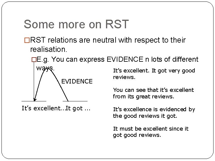 Some more on RST �RST relations are neutral with respect to their realisation. �E.