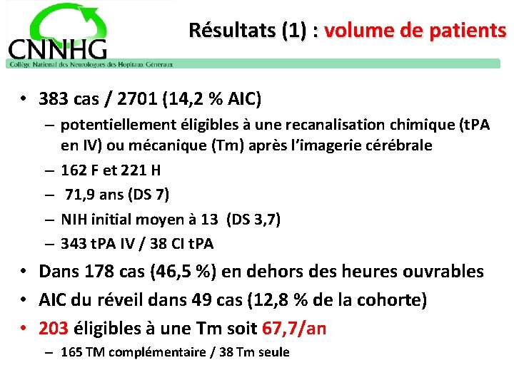 Résultats (1) : volume de patients • 383 cas / 2701 (14, 2 %