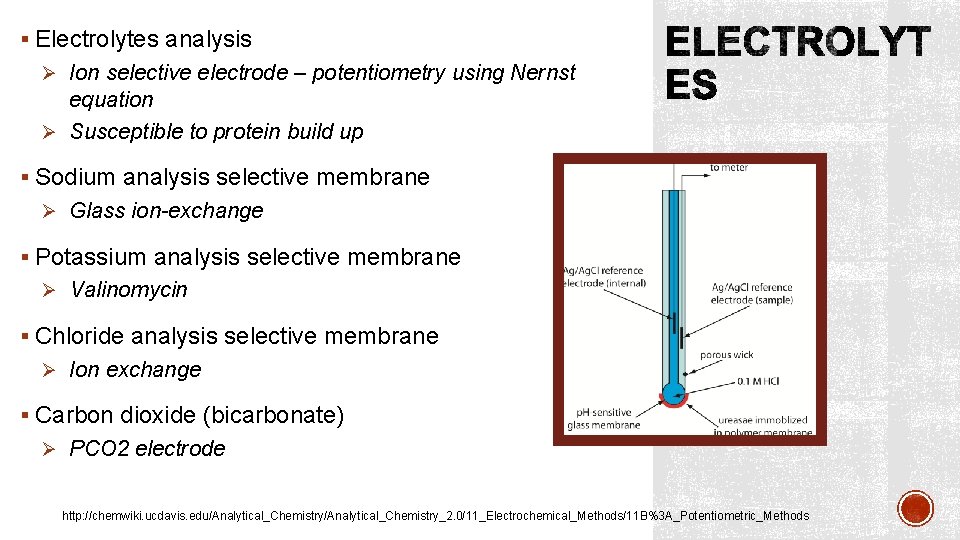 § Electrolytes analysis Ø Ion selective electrode – potentiometry using Nernst equation Ø Susceptible