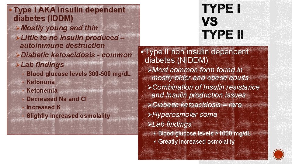 § Type I AKA insulin dependent diabetes (IDDM) ØMostly young and thin ØLittle to