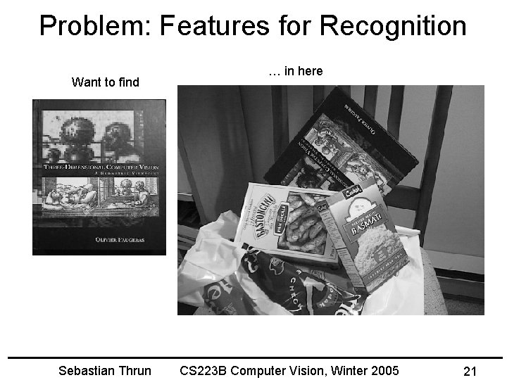 Problem: Features for Recognition Want to find Sebastian Thrun … in here CS 223