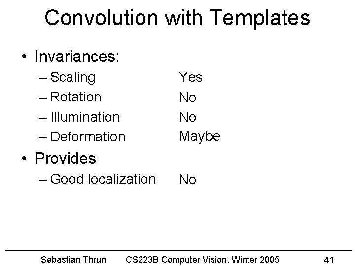 Convolution with Templates • Invariances: – Scaling – Rotation – Illumination – Deformation Yes