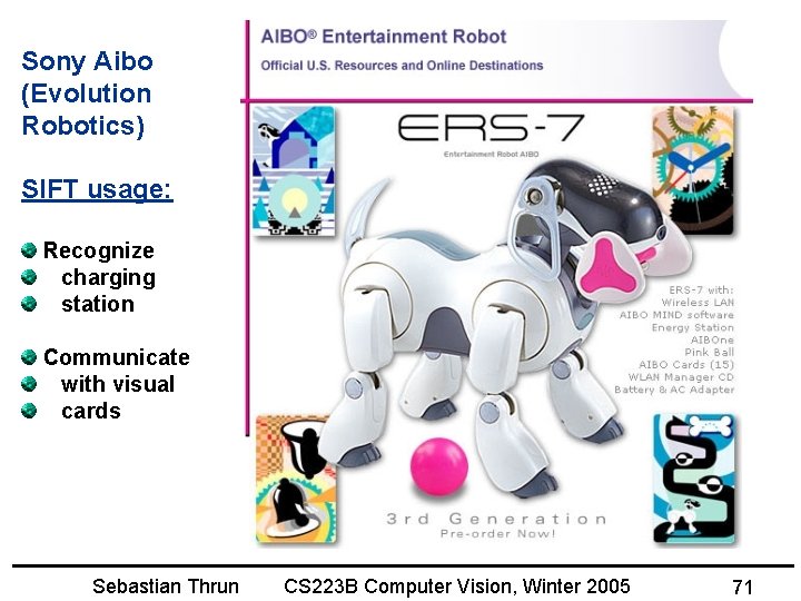 Sony Aibo (Evolution Robotics) SIFT usage: Recognize charging station Communicate with visual cards Sebastian