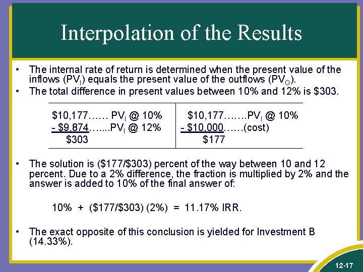 Interpolation of the Results • The internal rate of return is determined when the