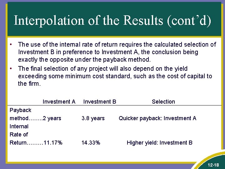 Interpolation of the Results (cont’d) • The use of the internal rate of return