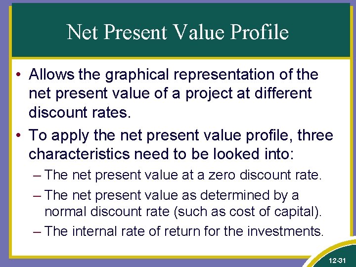 Net Present Value Profile • Allows the graphical representation of the net present value