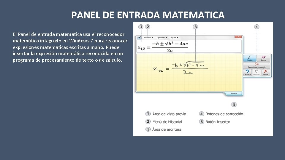 PANEL DE ENTRADA MATEMATICA El Panel de entrada matemática usa el reconocedor matemático integrado