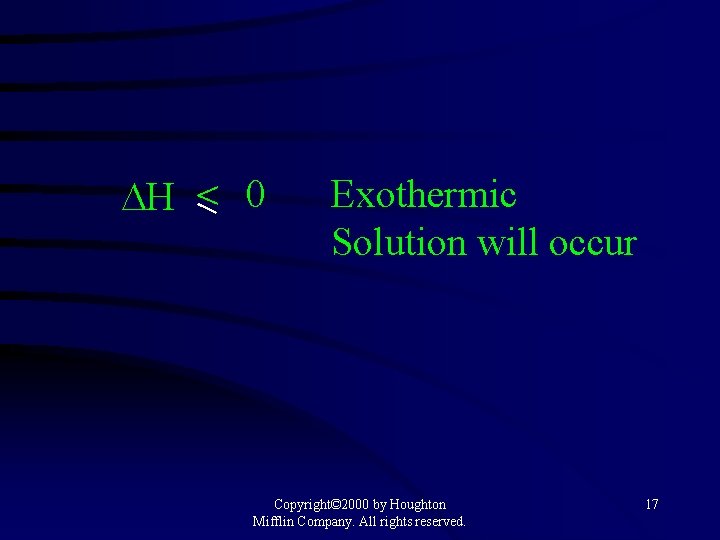  H < 0 Exothermic Solution will occur Copyright© 2000 by Houghton Mifflin Company.