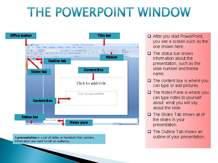 Office button Title bar Ribbon Outline tab Slides tab Content Box q After you Office button Title bar Ribbon Outline tab Slides tab Content Box q After you