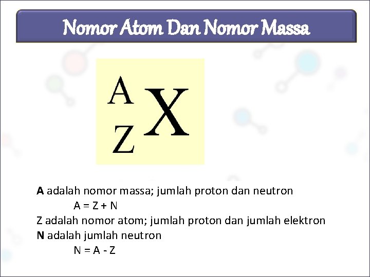 Nomor Atom Dan Nomor Massa A adalah nomor massa; jumlah proton dan neutron A=Z+N