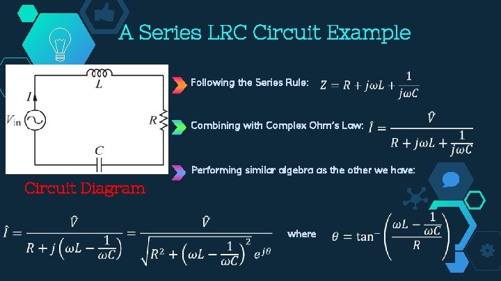 A Series LRC Circuit Example Following the Series Rule: Combining with Complex Ohm’s Law: A Series LRC Circuit Example Following the Series Rule: Combining with Complex Ohm’s Law: