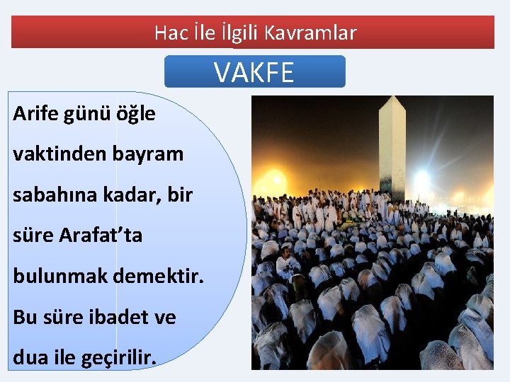 Hac İle İlgili Kavramlar VAKFE Arife günü öğle vaktinden bayram sabahına kadar, bir süre