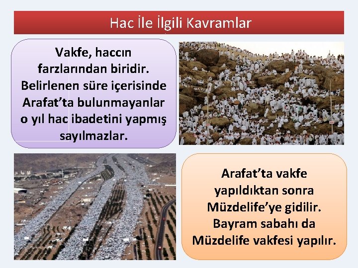 Hac İle İlgili Kavramlar Vakfe, haccın farzlarından biridir. Belirlenen süre içerisinde Arafat’ta bulunmayanlar o