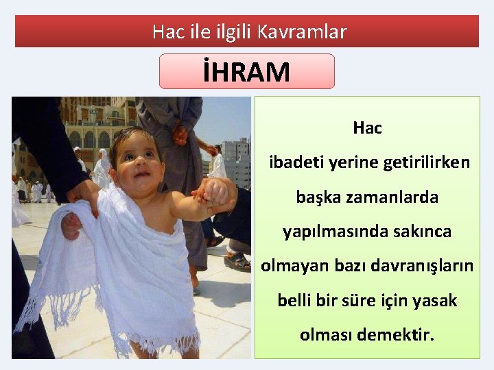 Hac ile ilgili Kavramlar İHRAM Hac ibadeti yerine getirilirken başka zamanlarda yapılmasında sakınca olmayan