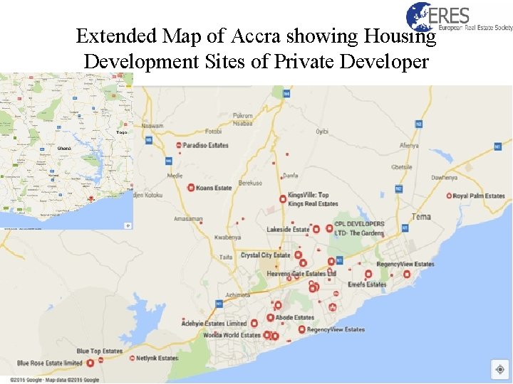 Extended Map of Accra showing Housing Development Sites of Private Developer 
