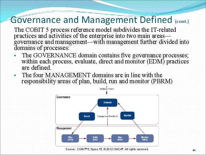 Governance and Management Defined (cont. ) The COBIT 5 process reference model subdivides the