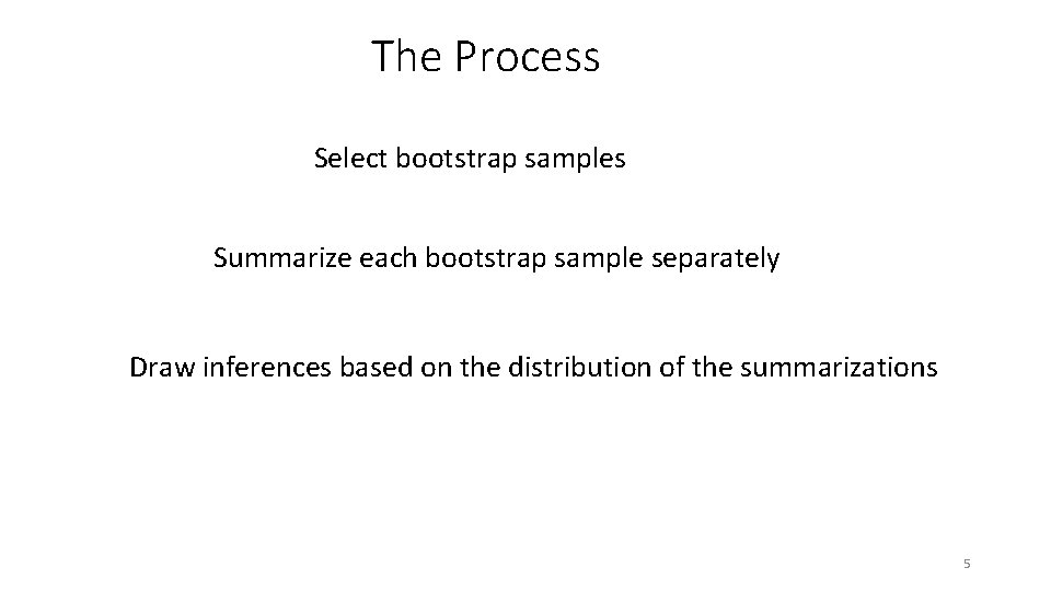 The Process Select bootstrap samples Summarize each bootstrap sample separately Draw inferences based on