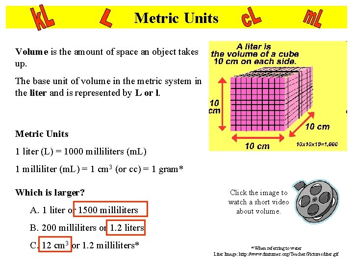 Metric Units Volume is the amount of space an object takes up. The base Metric Units Volume is the amount of space an object takes up. The base
