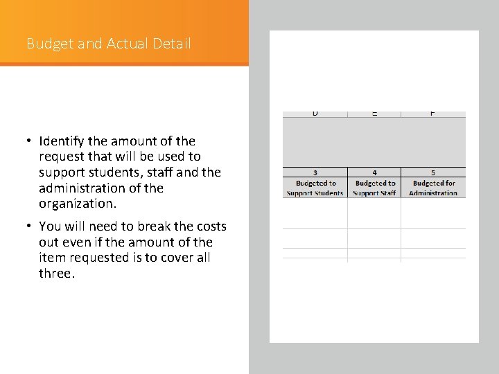 Budget and Actual Detail • Identify the amount of the request that will be