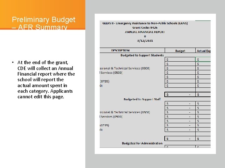 Preliminary Budget – AFR Summary • At the end of the grant, CDE will