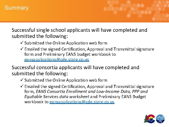 Summary Successful single school applicants will have completed and submitted the following: ü Submitted