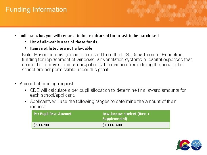 Funding Information • Indicate what you will request to be reimbursed for or ask