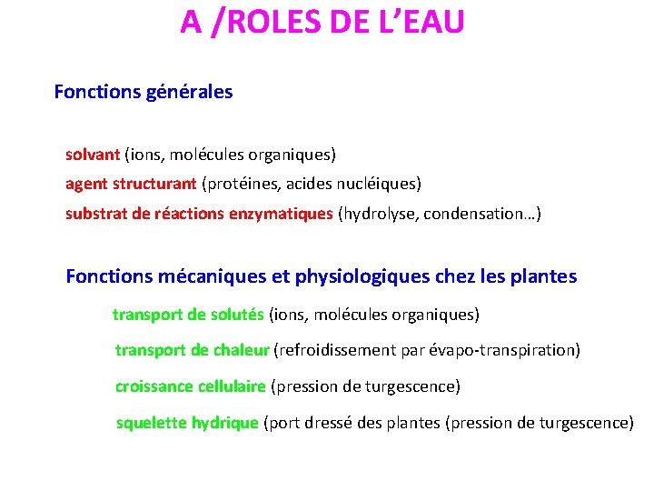 A /ROLES DE L’EAU Fonctions générales solvant (ions, molécules organiques) agent structurant (protéines, acides