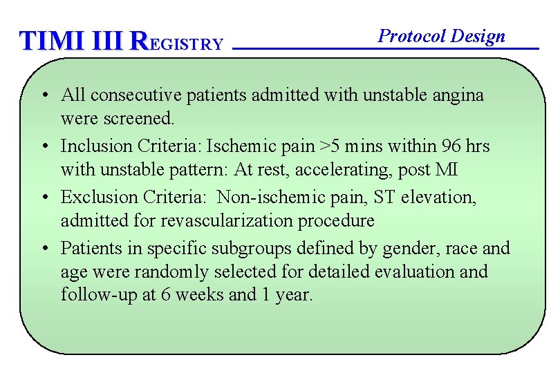 TIMI III REGISTRY Protocol Design • All consecutive patients admitted with unstable angina were