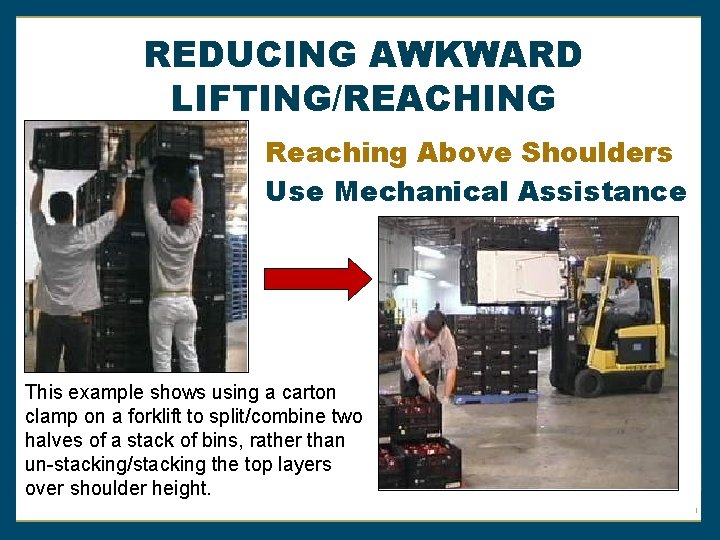 REDUCING AWKWARD LIFTING/REACHING Reaching Above Shoulders Use Mechanical Assistance This example shows using a