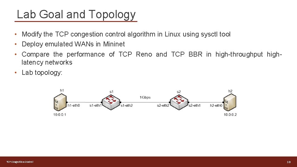 Lab Goal and Topology • Modify the TCP congestion control algorithm in Linux using