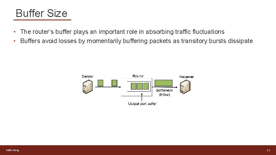 Buffer Size • The router’s buffer plays an important role in absorbing traffic fluctuations