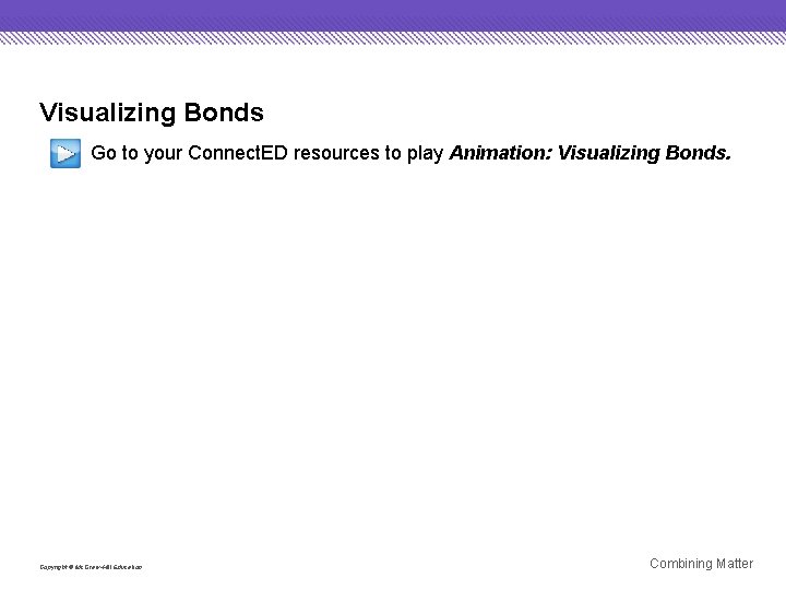 Visualizing Bonds Go to your Connect. ED resources to play Animation: Visualizing Bonds. Copyright