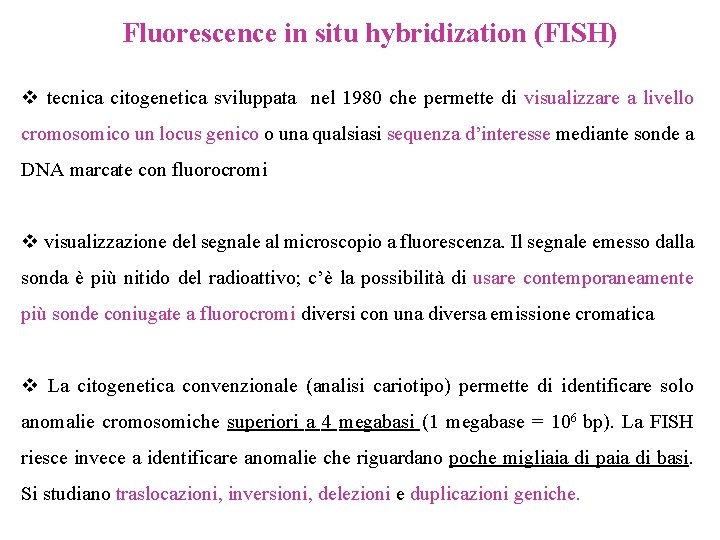 Fluorescence in situ hybridization (FISH) v tecnica citogenetica sviluppata nel 1980 che permette di