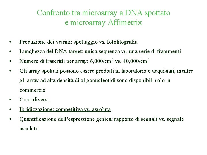 Confronto tra microarray a DNA spottato e microarray Affimetrix • Produzione dei vetrini: spottaggio