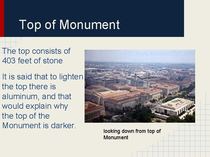 Top of Monument The top consists of 403 feet of stone It is said