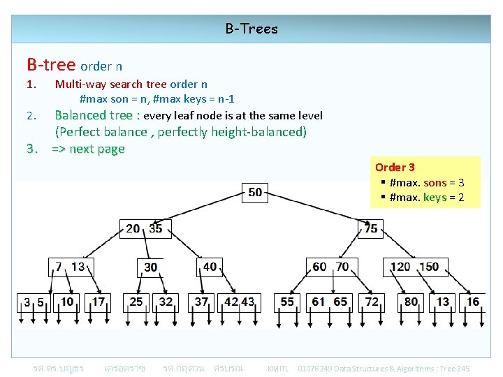 B-Trees B-tree order n 1. 2. Multi-way search tree order n #max son =