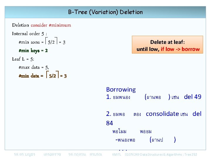 B-Tree (Variation) Deletion consider #minimum Internal order 5 : #min sons = 5/2 =