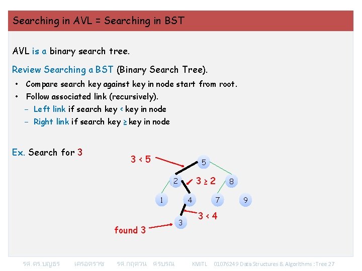 Searching in AVL = Searching in BST AVL is a binary search tree. Review