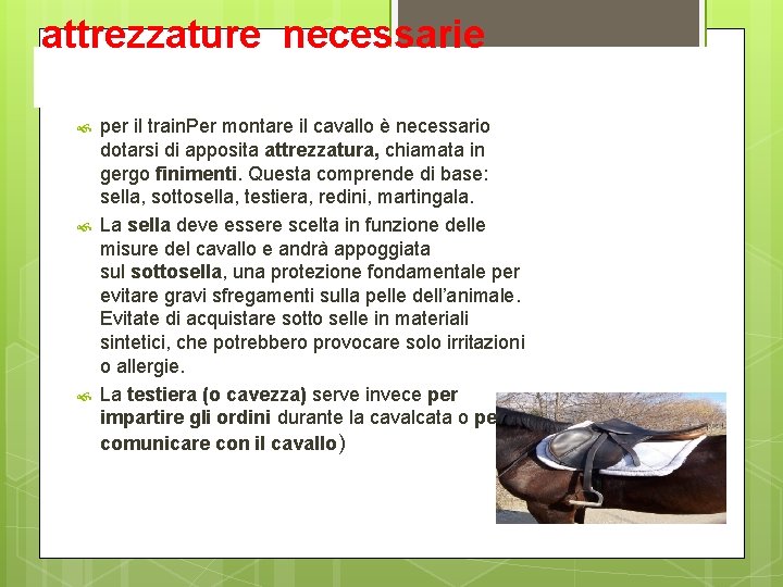 attrezzature necessarie per il train. Per montare il cavallo è necessario dotarsi di apposita