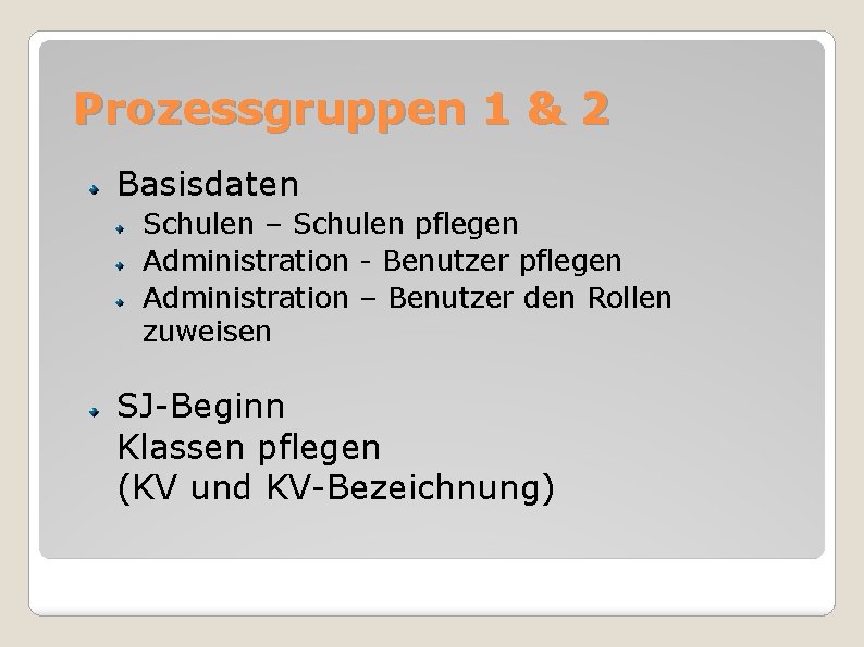 Prozessgruppen 1 & 2 Basisdaten Schulen – Schulen pflegen Administration - Benutzer pflegen Administration