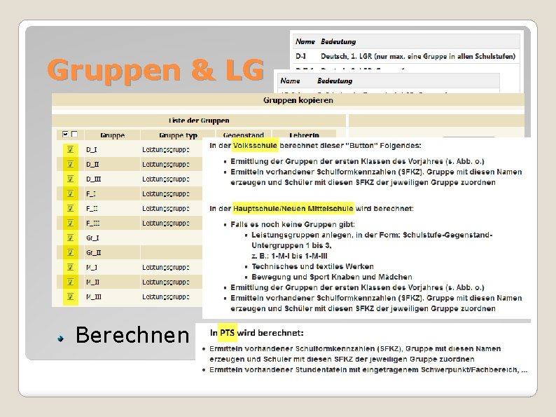 Gruppen & LG Varianten für LG Namenskonvention Hochkopieren beim Jahreswechsel Abbilden aller Unterrichtsgruppen Berechnen