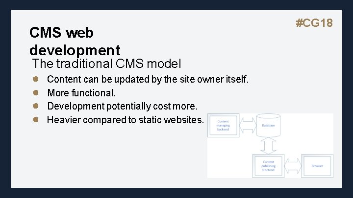 CMS web development The traditional CMS model ● Content can be updated by the